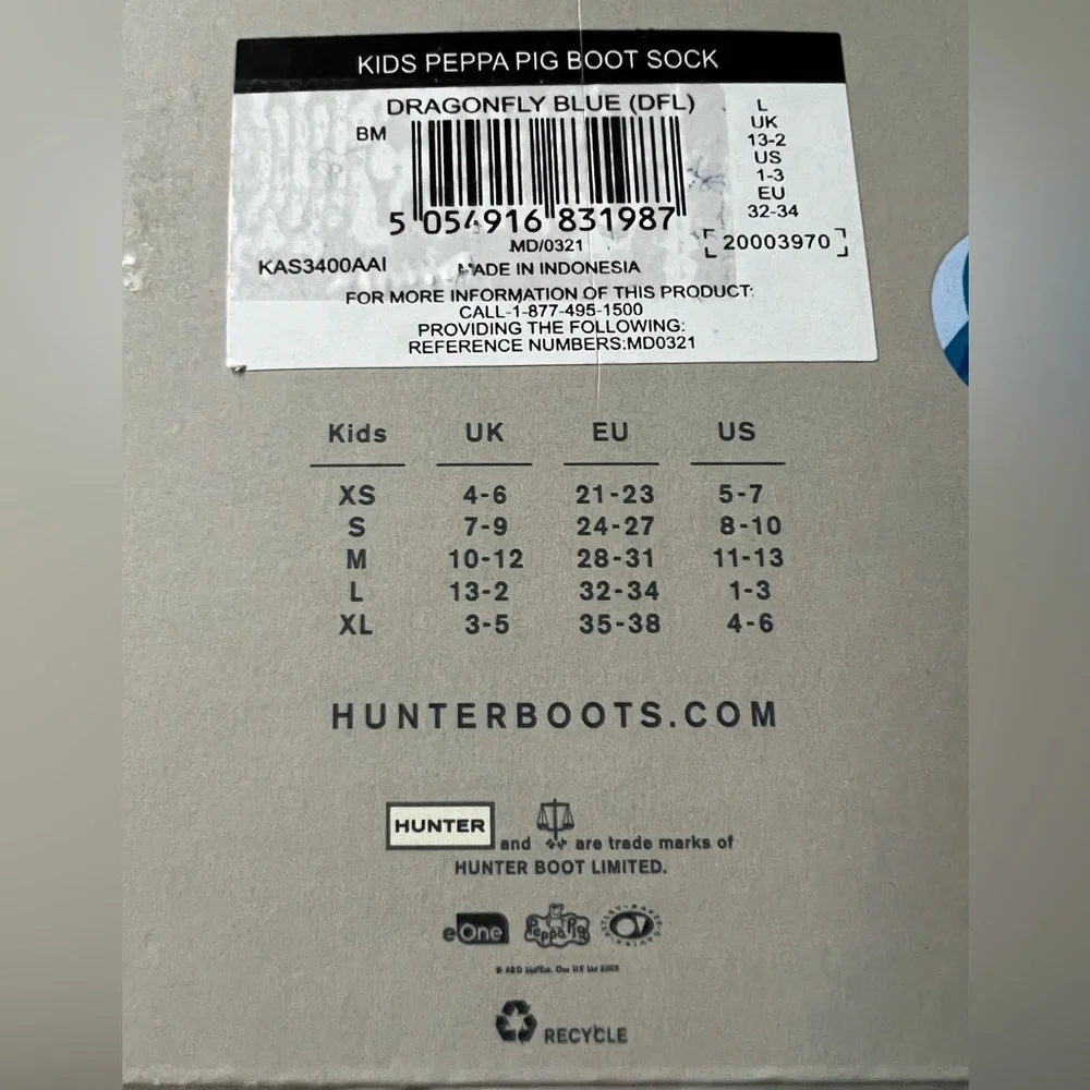 NWT. HUNTER kids Socks. Peppa Pig 🐷. Dragonfly blue. Size L (1-3).